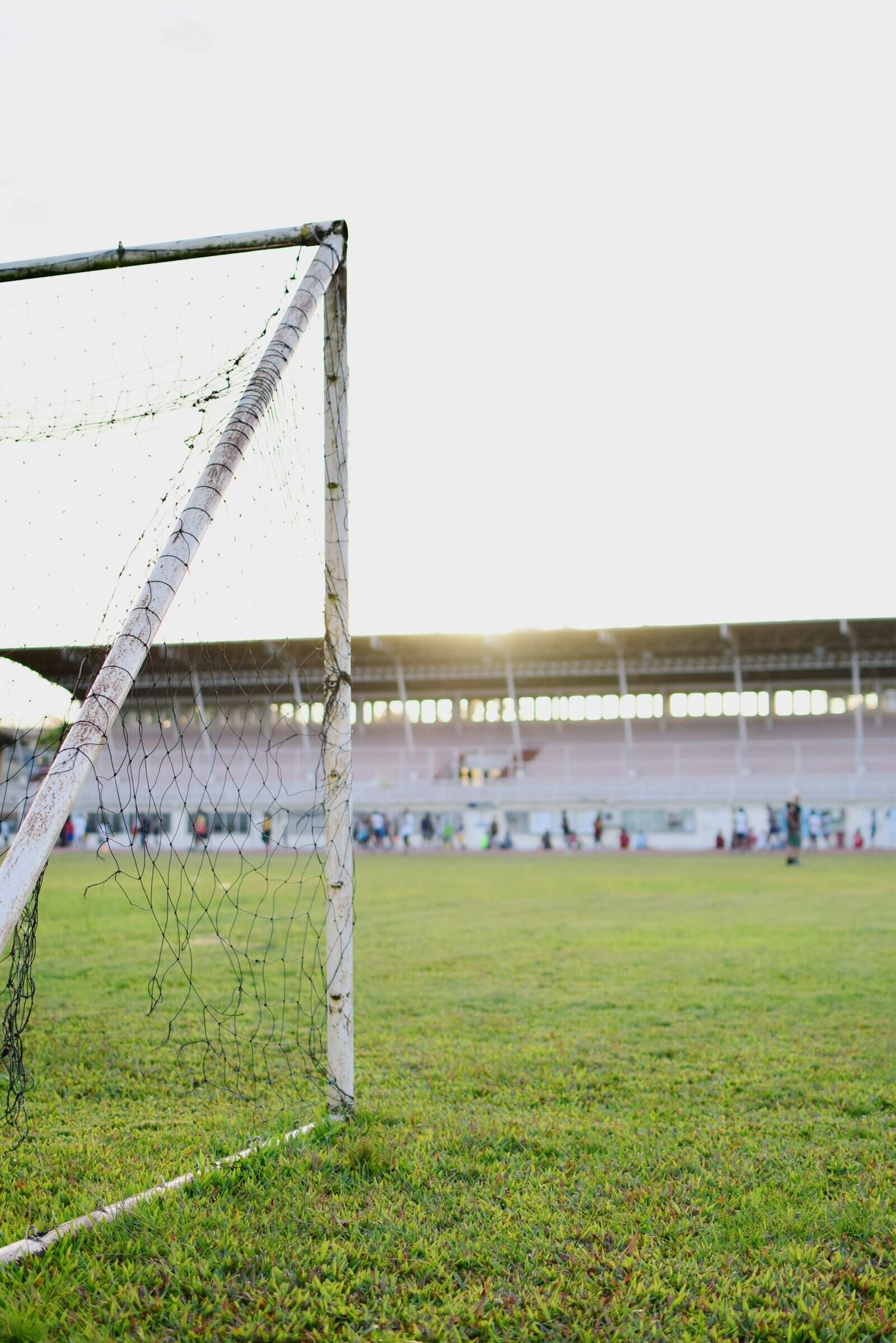 Football goal net on green field